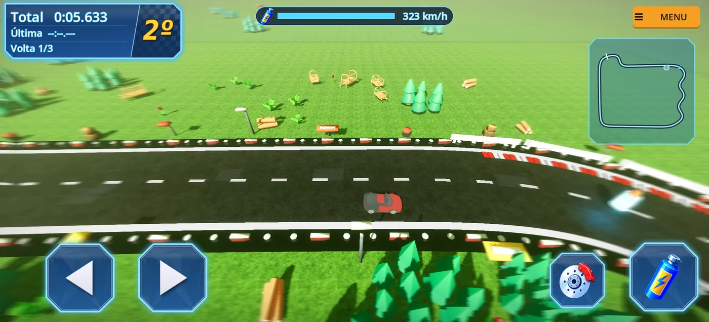 Corrida no campo: carro vermelho na reta, em segundo lugar
