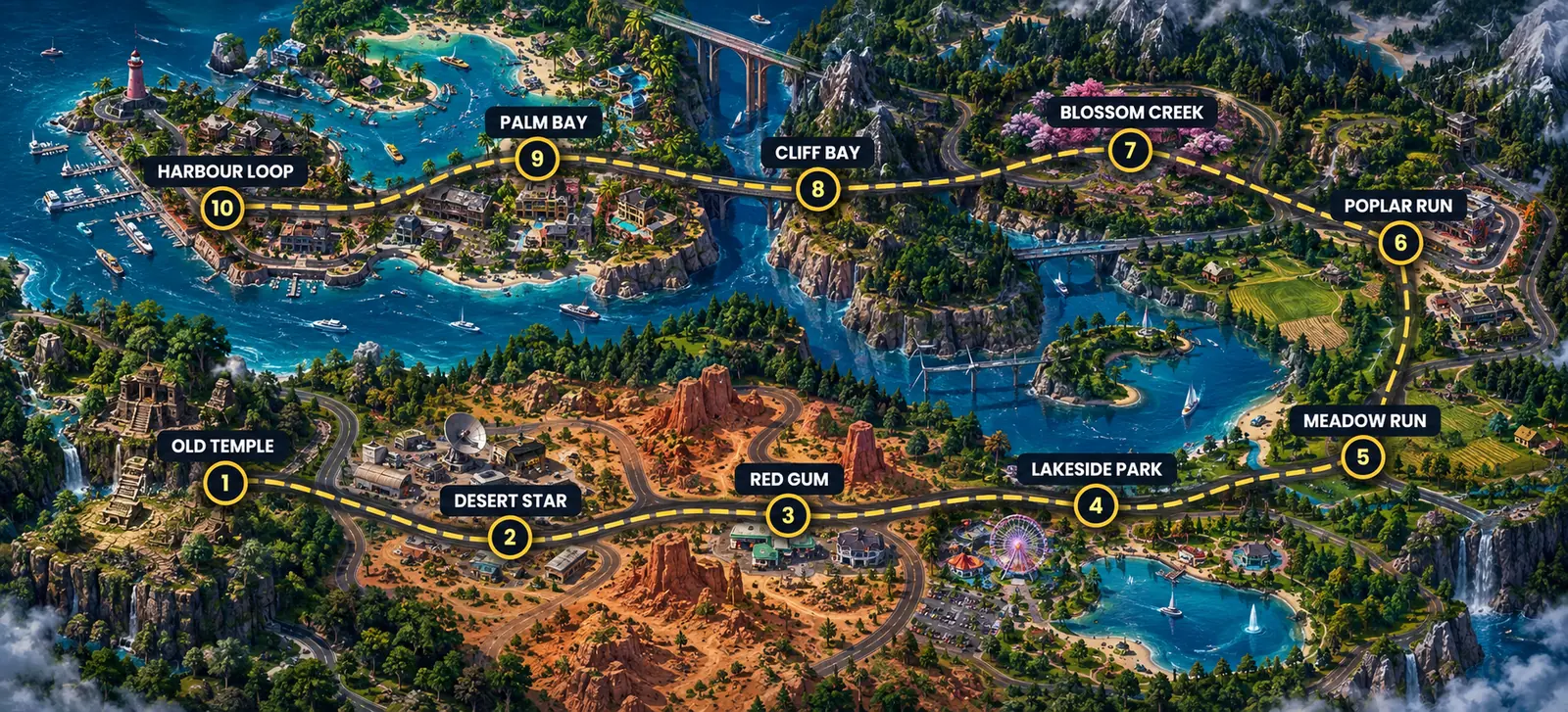 Mapa de uma região da carreira, com dez missões ligadas por uma estrada